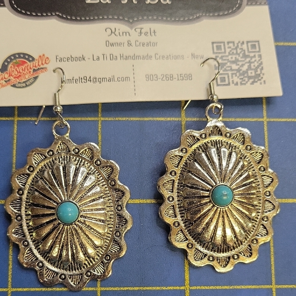 Silver Tone Faux Turquoise 2" x 1.25" Earrings